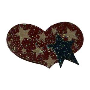 Rustic Metal Heart Pin Red Glitter Stars Patriotic Americana 2" Brooch
